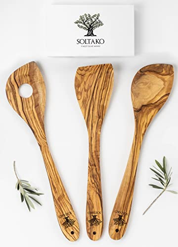 SOLTAKO Utensilios de cocina de madera de olivo, juego de 3 espátulas de cocina, paleta, cuchara, servidor de pasteles, madera antiadherente, resistente al calor, aprox. 30 cm