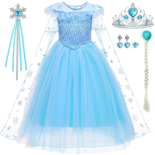 LiUiMiY Elsa Prinzessin Kostüm Mädchen Eiskönigin Kleid Karneval Langarm Verkleidung Party Geburtstagsfeier Halloween Weihnachten Fest, Blau, 104-110 (Etikett 110)