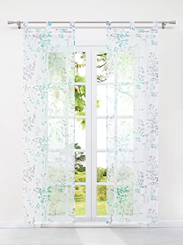 HeichkelL Schiebegardinen mit Schlaufen 2er Set Transparent Flächenvorhang Pflanzen Druck Schiebevorhänge inkl. Beschwerungstangen Fensterstores Raumteiler Grün BxH 57x225 cm