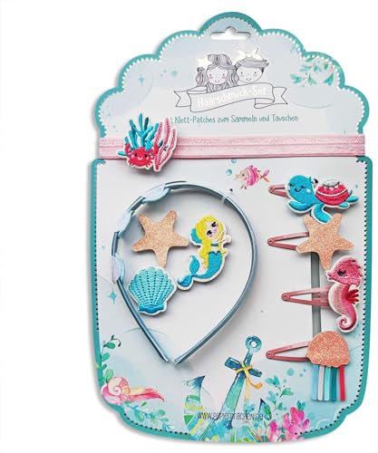 Papierdrachen Haarschmuck Set - Haarreifen Haarband Klett | wechselbare Patches im Design *Meerjungfrau* | Schöne kreative Haar Accessoires für Mädchen - Set 2