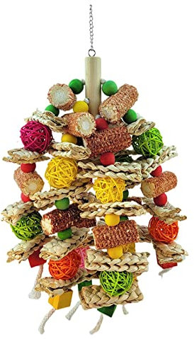 MYSUNBAR Bird Chew Toys for Large Parrots Wooden Natural Straw Chew Molar Toy for Parrot Beads Toy Parrot Chew Knot Blocks for Budgies