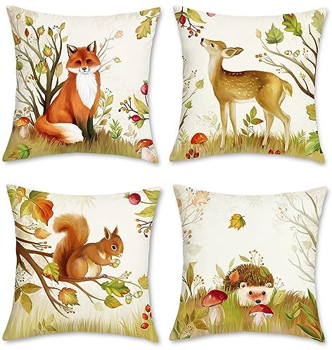 Bonhause 4er Set Kissenbezüge Waldtiere 45 x 45 cm Fuchs Hirsch Samt Soft Dekorative Kinder Kissenhülle Zierkissenbezüge für Schlafzimmer Wohnzimmer Kinderzimmer Zuhause Dekoration
