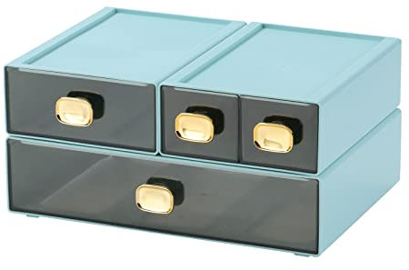 OSteed Office Desk Organiser Drawers, Stackable Desktop Storage Drawer, Plastic A4 Drawer Organiser, Stationery Storage Unit, Letter Box, Countertop Tabletop Toiletry Storage Drawers, 4 Mixed Cyan