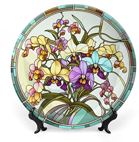 Gokays Piatti decorativi, in vetro colorato con orchidea floreale in ceramica, con supporto espositivo, decorazione da parete, per soggiorno, sala da pranzo, cucina, casa, casa, 25 cm