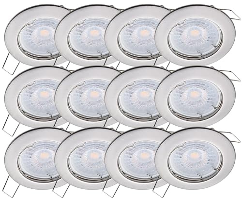 Oktaplex 12x Sedan LED Einbauleuchten 230V 3 Stufen dimmbar 2700K Warmweiß | 22mm Einbautiefe, Lochmaß 60mm, 4,8W, 380lm, 110° Einbauspots Sedan, Edelstahl gebürstet rund flach