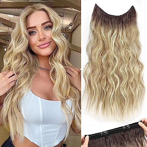 PORSMEER Secrets Haare Extensions Lange Gewellt Ombre Blond braun Haarverlängerung mit verstellbarem unsichtbarem Draht und 4 Clips,Kunsthaar Haarteile für Frauen damen 50cm