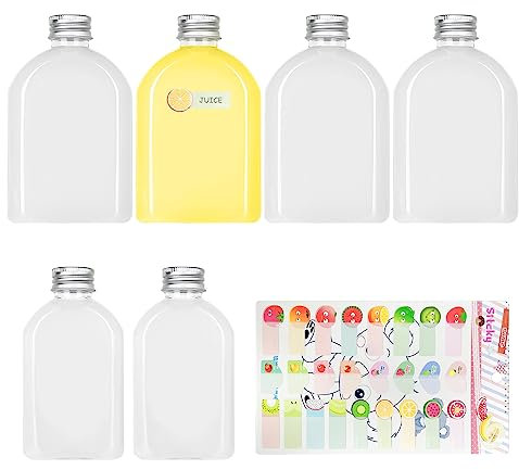 Set mit 6 transparenten Saftflaschen (100 ml + 200 ml), 1 x Obstaufkleber, flache Getränkebehälter, leere Getränkeflasche mit Deckel aus Aluminium, flache transparente Flasche.