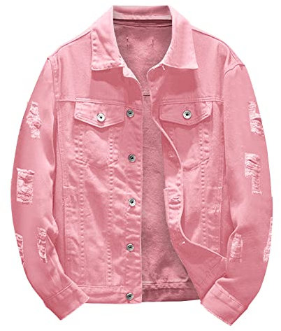 Veste en jean pour homme - Couleur unie - Style occidental - Avec poches et boutonnière - Couleur unie, Rose, L