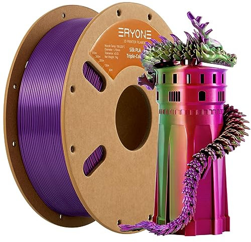 ERYONE Dreifarbiges Seiden PLA Filament 1.75mm,Seidiges Mehrfarbiges PLA-Filament für 3D-Drucker +/- 0,03 mm,Co-Extrusion Seiden PLA Filament 1 kg/Spule, Rot& Lila& Grün