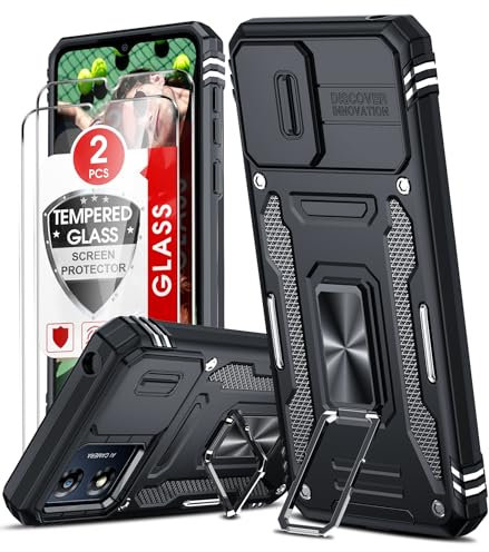 LeYi for Motorola Moto E13 Phone Case, with Camera Lens Cover Slider, 2 Pack Screen Protectors, Ring Stand Holder Military Grade Protective Shockproof Armour Cover for Moto E13, Black