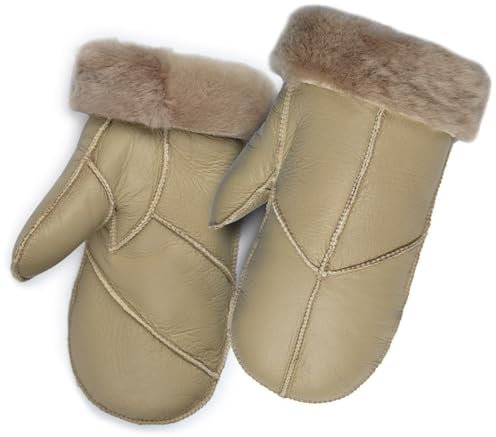 Harssidanzar Frauen Handschuhe für Winter,Lammfell Shearling Pelz gefüttert Warme Echtleder Handschuhe KL030EU,Khaki, Größe L