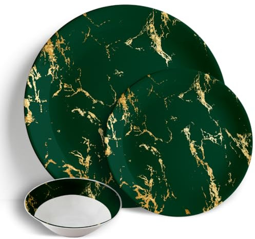 Service de table 18 pièces en céramique et porcelaine de Chine Motif marbre vert et doré, Assiettes incluses