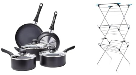 Amazon Basics 8-Piece Non-Stick Cookware Set, Black & Minky 3 Tier Plus Clothes Airer