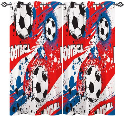 ANHOPE Football Curtains Eyelet Soft Thermal Insulated Blackout Curtains Abstract Sports Theme Soccer Ball Print Pattern Ring Top Window Drapes for Kids Boys Bedroom Living Room 66 x 54 Inch 2 Panels