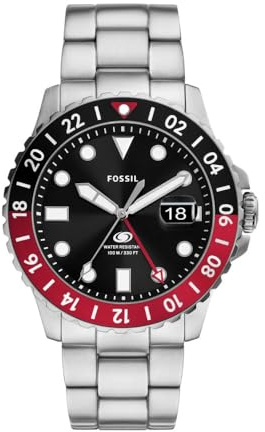 Fossil Herren-Armbanduhr, GMT, Edelstahl, Blau, silber