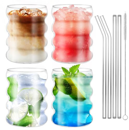 Lot de 4 Verres à Bulles en Verre en Forme de Vague, 350ml Verre à Cocktail avec 4 Pailles en Verre, Verres à Eau Bulles Ondulés pour Cocktail, Eau, Soda, Jus, Café