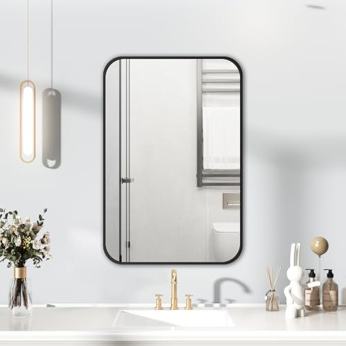HIGHBATH Black Frame Mirror 50 x 70 cm, Rectangular Bathroom Wall Mounted Mirrors Hanging Horizontal/Vertical, Home Decorative Wall Mounted Vanity Mirror for Bathroom, Dressing Room