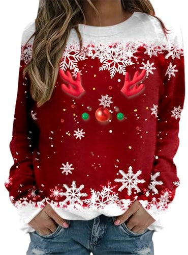Witzige Weihnachtspullover Damen Weihnachten Druck Bluse Weihnachtsoutfit Kuschelig Christmas Langarmshirt Große Größen Casual Tops Sweatshirt Rundhals Ugly Weihnachts Pulli Weihnachtsshirt