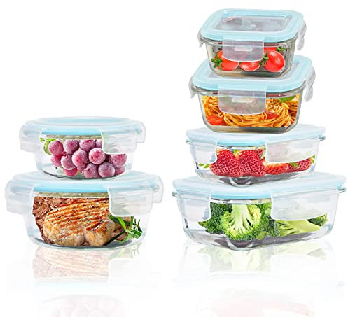 ROSOS Glass Food Storage Container with Airtight Lid - 6 Pack Leak Proof, Not Easy Broken & BPA Free, Freezer to Oven Safe, Blue
