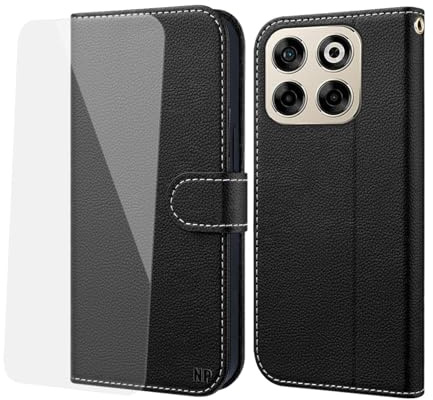 NP-Caser Handyhülle für ZTE Blade V70 Hülle [mit Panzer Schutz Glas], Premium Lederhülle mit Kartenfächern [Klappbar Flip case] [Standfunktion] Handy Schutzhülle für ZTE Blade V70, Schwarz
