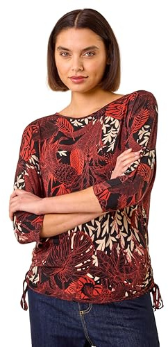 Roman Originals Leaf Print Side Tie Stretch Top for Women UK - Ladies Everyday Autumn Winter Round Neckline Comfy Soft Evening Vacation Work Party Night Out - Orange - Size 20