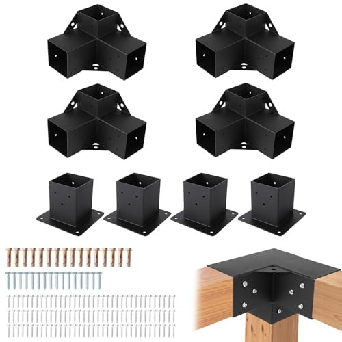 GarveeHome Pergola-Set, Robustes Karbonstahl-Pavillon-Set mit 4 3-Wege-Eckhalterungen, 4 Pfostensockeln für 10,2 x 10,2 cm Holz, perfekt für Gartenpavillons, Holzhütten, Pergola-Hardware, schwarz