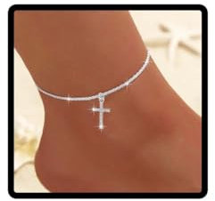 Carufin Croix Pendentif Bracelet de cheville Sparkling Étanche Argent Réglable Cheville D'été Plage Foot Bijoux Cadeau pour les Femmes