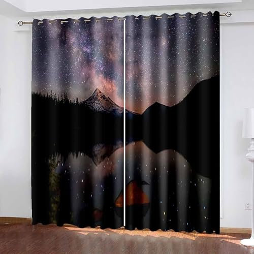 AMDXD Gardine Blickdicht Vintage, Fenster Vorhänge mit See Berg Sternenhimmel Muster, Thermovorhänge Kälteschutz Schallschutz Schwarz B132 x H274 cm/Pcs (2er Pack)