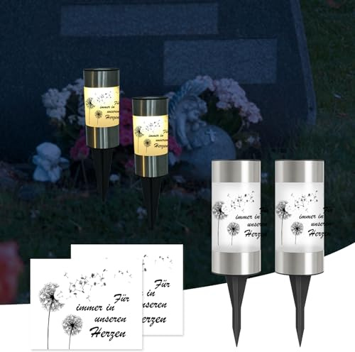 Silkwish 2er-Set Solar Grablicht mit Erdspieß & Löwenzahn Aufklebern - IP65 Wetterfest LED Grabkerze - Friedhofskerzen mit Automatischer Dämmerungssensor - Solar Grableuchten für Friedhof, Urnengrab
