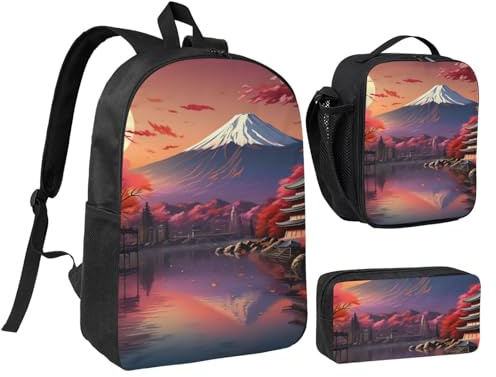 LXqlSS Rucksack mit japanischem Fuji-Landschaftsdruck, Büchertasche für den täglichen Gebrauch, 3-teiliges Rucksack-Set mit Lunchbox und Federmäppchen