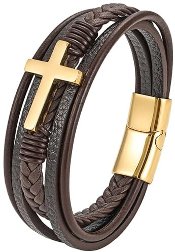 JUZICHEN Kreuz Lederarmband Herren, Kreuz Herrenarmband Armbänder 21CM, Braun Schwarz Armband Für Männer, Armband Leder Herren Schmuck