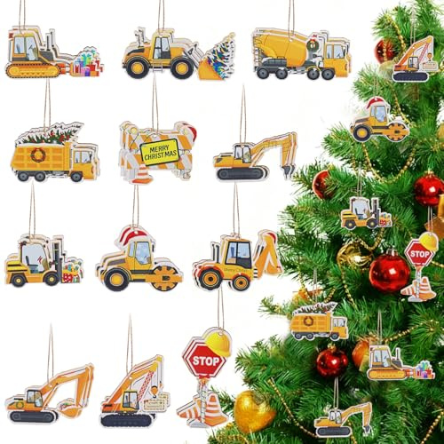Weihnachtsbaum Deko Anhänger, 24 Stück Holz Auto Baustellenfahrzeug Weihnachtsbaumschmuck mit Rot Schnur, Holz Christbaumschmuck Weihnachten Party Weihnachtsbaum Deko Hängende Geschenk für Jungen