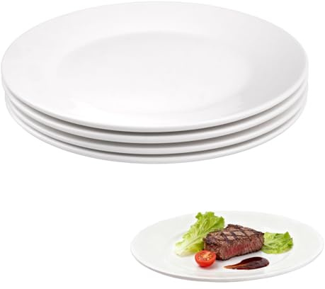 Velicber Juego de 4 Platos de Cerámica Blanca, 25 cm Platos Llanos, Platos de Cena para Aperitivos, Sushi, Pasteles, Postres, Lavavajillas y Microondas, Blanco