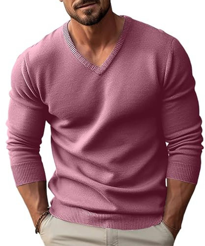 Jersey Hombre Cuello en V, Ropa Hombre Color Liso Manga Larga, Jerseys Casual Sweaters Vintage Elástico - Adecuado para Primavera, Otoño E Invierno