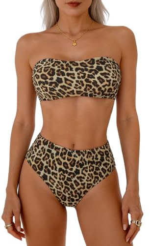 High Waisted Bikini Set for Women UK, Sexy Leopard Print Strapless Bandeau & Briefs, 2 Piece Swim Sets for Beach, Pool & Holiday