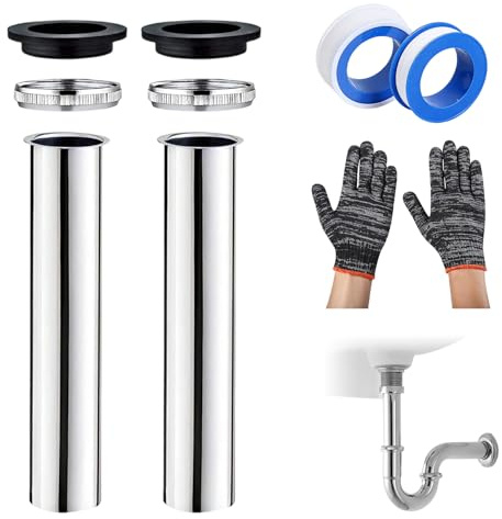 2 Stück Tauchrohr Siphon 300 mm, Edelstahl Siphon Verlängerung Rohr Abfluss Universal Tauchrohr mit Dichtungsringe Mutter und Handschuhe für Waschbecken Waschtisch Ablaufgarnitur Röhrensiphon