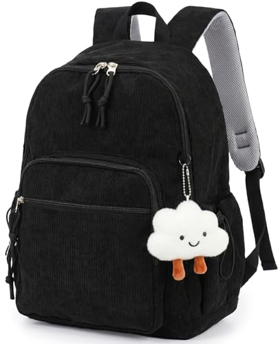 Aulenge Schulrucksack Teenager Mädchen Cord Rucksack Damen Alltagsrucksack | Leichter, mit Vielen Innentaschen, Verstellbare Schultergurte, für Uni Arbeit und Freizei, Schwarz