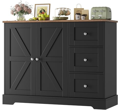 HOCSOK Sideboard, Küchenschrank mit 3 Schubladen und 2 Türen | Buffetschrank mit Arbeitsplatten für Küche, Esszimmer, Wohnzimmer, Schwarz & Braun