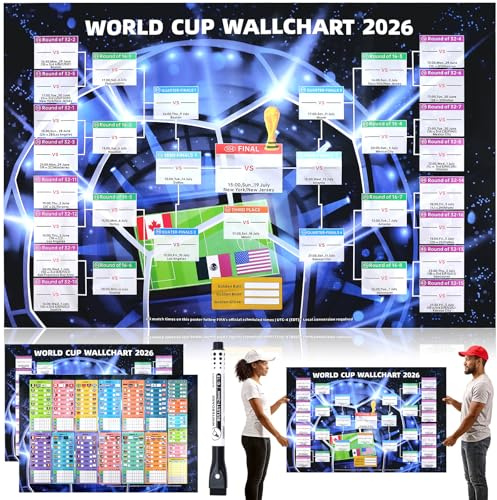 wokdsbl 2 Stück WM 2026 Spielplan Wandposter Fussball Spielplan mit Gruppenphase und K O Runde zum Eintragen 84 x 57 cm Faltbar Abwischbar für Party Wohnzimmer Bar