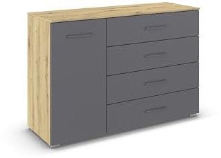 Rauch Möbel ADITIO, Kommode, Grau metallic/Eiche Artisan, Breite 120 cm | Sideboard im zeitlosen Stil, 1-türig, 4 Schubladen, Soft-Close, für Schlafzimmer, Gästezimmer, Wohnzimmer, Garderobe, Flur