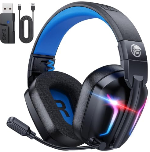 Fachixy Wireless Gaming Headset mit Mikrofon für PS5, PS4, PC, Switch & Mac | 2,4-GHz-USB & Bluetooth, geringe Latenz, 80 Std. Akkulaufzeit, Surround Sound, RGB-Beleuchtung, faltbares Design