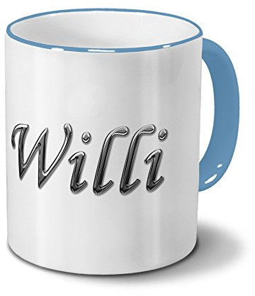 printplanet Tasse mit Namen Willi - Motiv Chrom-Schriftzug - Namenstasse, Kaffeebecher, Mug, Becher, Kaffeetasse - Farbe Hellblau