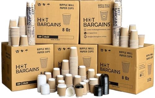 HOT BARGAINS Kraft Paper Coffee Cups 8oz/230ml, Pack of 100, Triple Wall with Lids