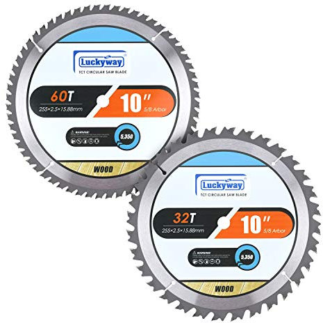 Luckyway 10 Inch Table Saw Blade/Miter Saw Blade for 32T and 60T General Purpose Combo Wood Cutting with 5/8 Arbor, 2-Pack