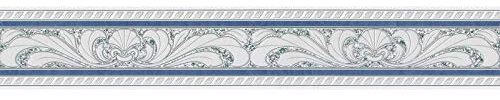 Barock Tapeten Bordüre in Grau und Blau | Badezimmer und Küchen Bordüre mit Ornament | Papier Tapetenborte mit Vinyl