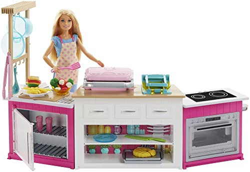 Barbie Metiers Coffret Poupee Cheffe avec Kit Cuisine, Accessoires pour Repas et Cinq Pots de Pacte à Modeler, Emballage Ferme, Jouet pour Enfant, GWY53