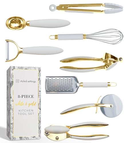 Weiß & Gold Küchenhelfer und Gadgets – Luxe 8-teiliges Kochutensilien -geräte mit rutschfesten Griffen, Goldutensilien-Set, Goldküchenzubehör weißes Küchenutensilien-Set, Premium-Küchenhelfer-Set