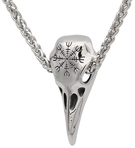 schmuxxi Wikinger Krähen König Anhänger Edelstahl 45mm Schädel Helm der Ehrfurcht Kompass mit Kette 60cm