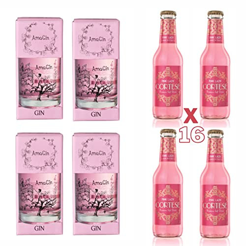 AmaGin Box Cortese Light – 4 bottiglie AmaGin 500ml Con Confezione + 16 Toniche Pink Lady al Pompelmo Rosa – Da Distillazione Uve Corvina e Rondinella (Amarone DOCG) – 40% Vol – Made in Italy