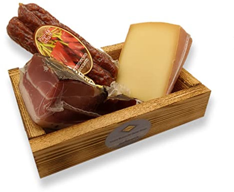 BAVAREGOLA Jausen Set - Geschenkekiste mit 3 Südtiroler Spezialitäten - Präsentkorb gefüllt mit Speck, Käse & Kaminwurzen von Viktor Kofler/Lana - Genuss Geschenk für Männer & Frauen